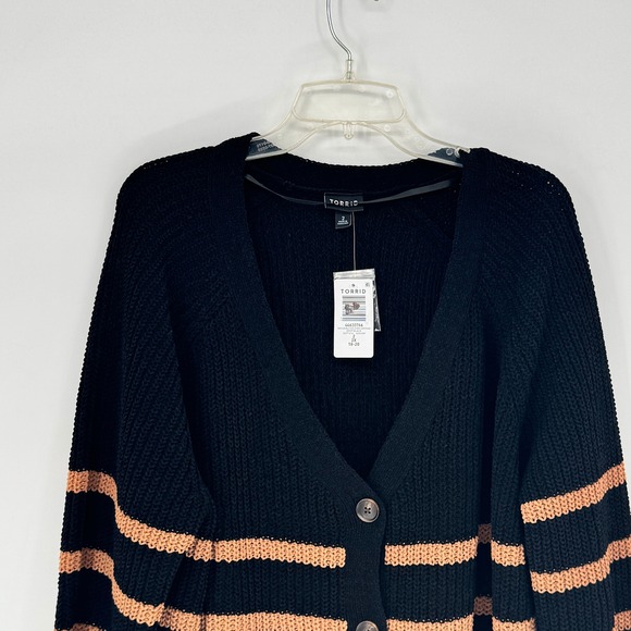 Torrid Womens 2X Black Tan Striped Raglan Button Down Cardigan Sweater NWT - Picture 2 of 13